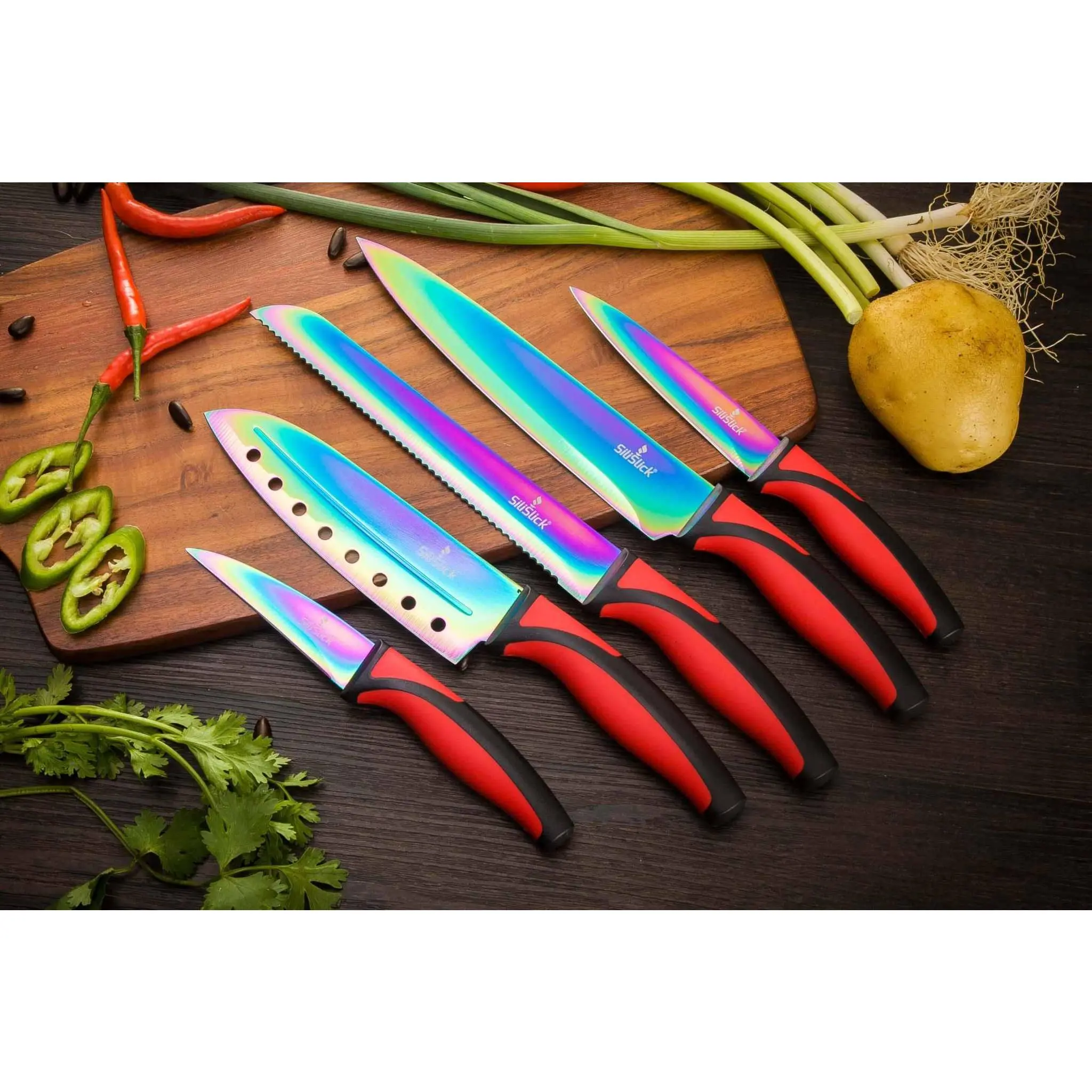 Kitchen Knife Set Kit | Red Handle & Black Magnetic Rack