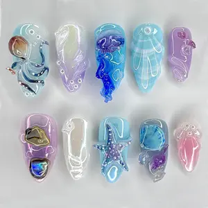 Ocean-Inspired Press On Nails, 3D Starfish Nail Art, Mermaid Ocean Press On Nails, 3D Seashell Starfish Nail Art, Beach Nails, ocean nails