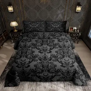 Adults Gothic Comforter Set Queen Size Dark Olive Green Damask Comforter Death Moth Bohemia Boho Bedding Set Goth Skull Duvet Set Vintage Victorian Baroque Floral Set 3Pcs
