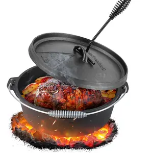 Black Cast Iron Dutch Oven with Lid, 12/8/6.2/4.2 Quart Dutch Oven without Feet, Spiral-Shaped Handle, and Stand - Ideal for Indoor and Outdoor Use Cookware Pots