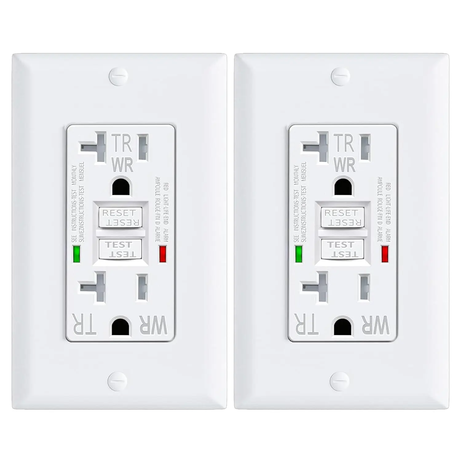 2 Pack GFCI Outlet 20 Amp GFI Electrical Outlet Outdoor Weather Proof (WR) Tamper Resistant(TR) Self-Test GFI Receptacles with LED  Decoration Wall Plates White