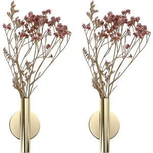 Pack of 2 Wall Flower Vase Tube Metal Flower Vase with Sticker, Modern Dried Flower Holder Wall Decoration for Porch Home Office