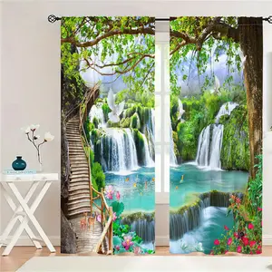 2Pcs/Set Nature Forest Flower Waterfall Lake Pattern 3D Design Light-Filtering Polyester Drapes Rod Pocket Window Curtains For Living Room Bedroom Kitchen Laundry Bathroom Door Protecting Privacy Home Decor