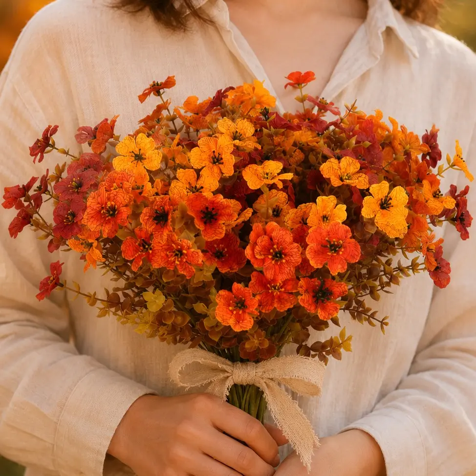 12pcs Autumn Eucalyptus Violet Artificial Flower Bouquet, UV-Resistant Outdoor Decor, Halloween Thanksgiving Beer Festival