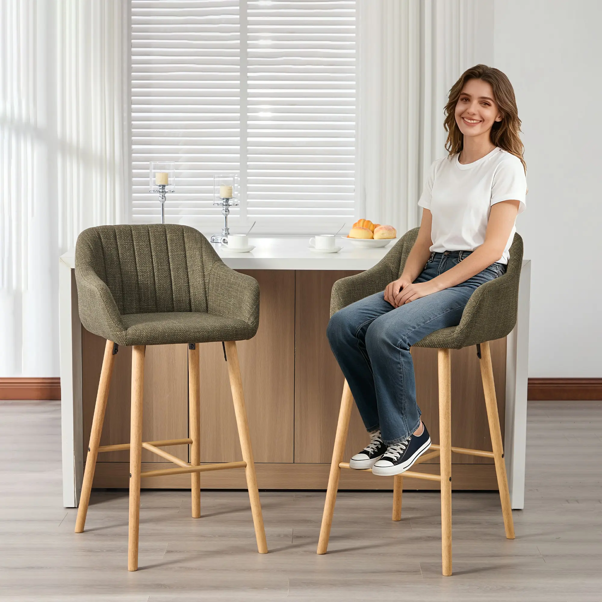Linen Upholstered 2-Piece 2-Seat Barstools with Backs, Armrests, Footrests, Solid Wood Legs for Kitchen Island, Tall Indoor Furniture, Armrest