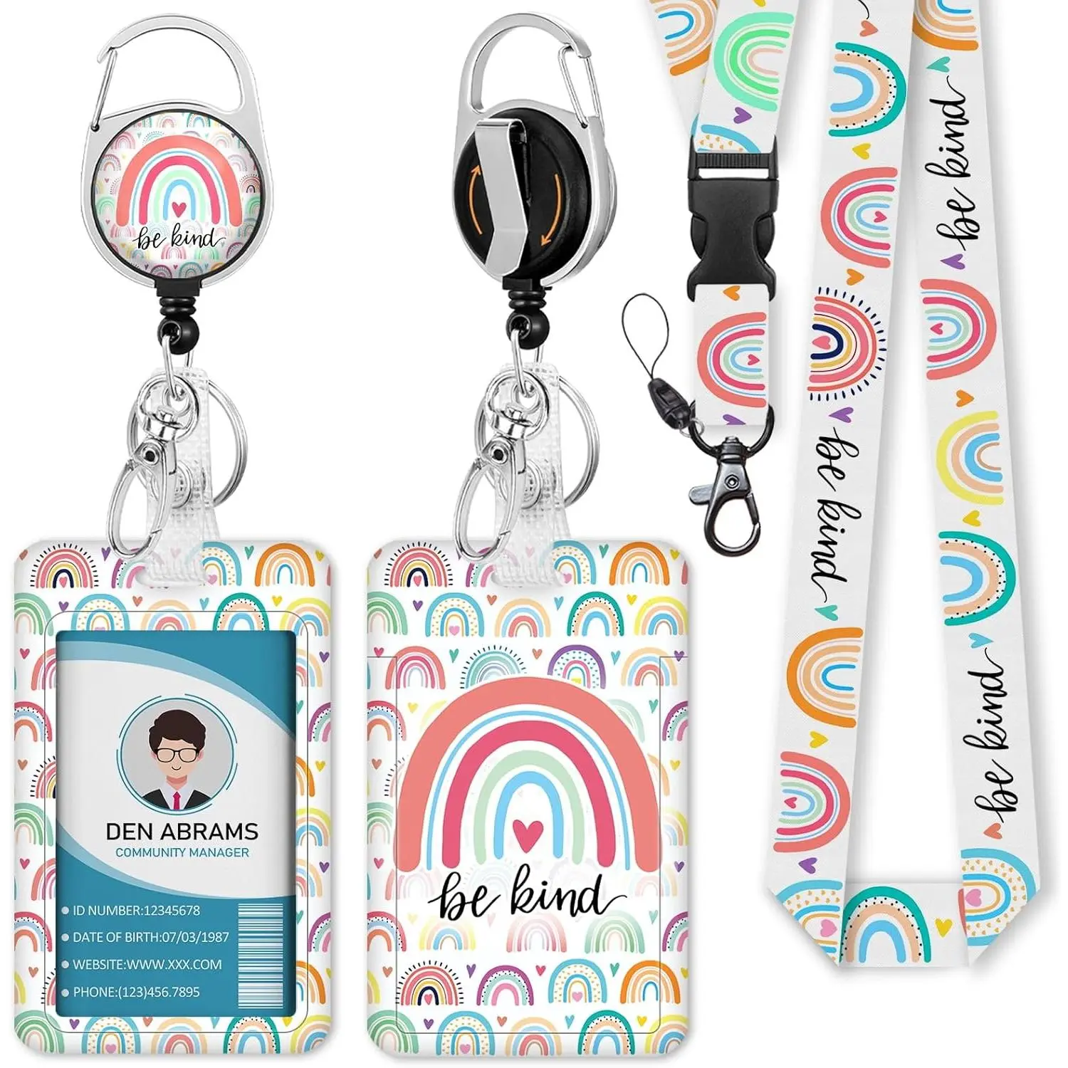 Teacher Lanyards for Id Badges, Rainbow Be Kind Badge Holder with Retractable Badge Reel Clip, Adjustable Name Tag Lanyard Vertical ID Card Protector Case for Women Nurse  Student