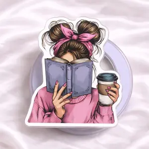 Coquette Book Girl Reading with Coffee Kindle Grip - Magnetic eReader Grip Stand - Book Lover Gift