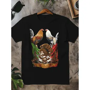 Men's Cotton Short-Sleeve Crew Neck T-Shirt, Humorous 3-Roosters Mexican Emblem Design, Comfortable Casual Top for Outdoor Activities