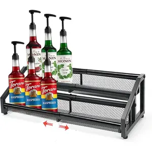 3-in-1 expandable two-tier coffee syrup organizer, width adjustable, space-saving storage rack holds 6–12 bottles for liquor and spice display