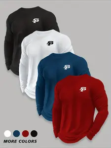 Men's Round Neck Long Sleeve T-Shirt Set, Casual Knit Polyester Top, Slightly Elastic, Basic Style, Geometric Print, Spring & Fall