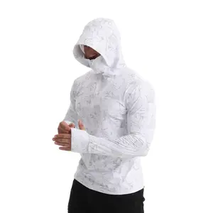 Men's Camouflage Hooded Training Shirt - 90% Polyester 10% Elastane Ice Slinky Fiber Knit Fabric, UV-Protective, Breathable Long-Sleeve Outdoor Sports Top, Universal Fit for Fishing, Training