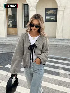 Women's Tie Front Long Sleeve Cardigan, Casual Open Front Outerwear for Daily Wear, Ladies Knit Clothing for Spring & Fall, Knitwear, Tops