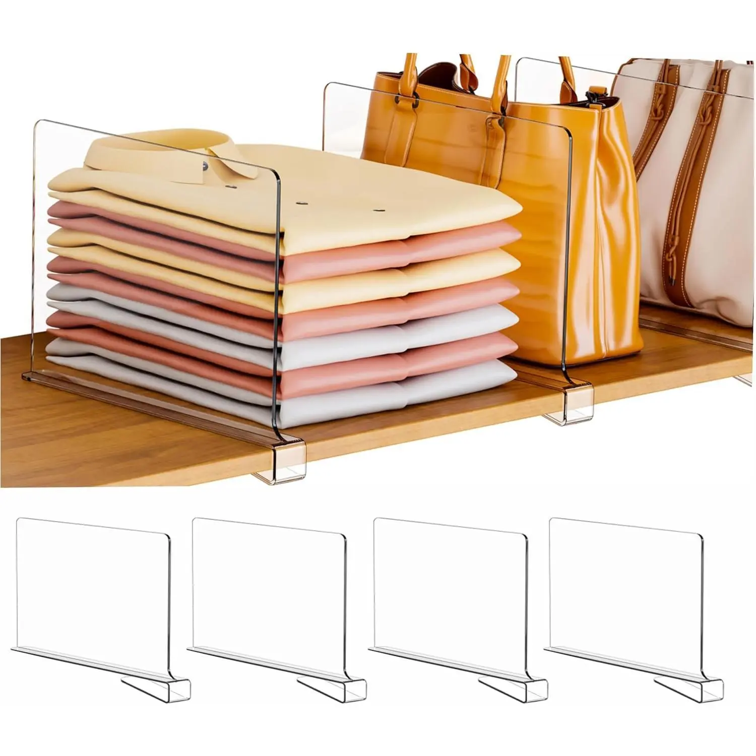 6-Piece Multifunctional Transparent Acrylic Closet Organiser Racks - Mini Organizer Rack Accessories, Adjustable Shelves Accessories, Silicone Anti-Slip Pads, Shelf Dividers, Rounded Corners, Fits 0.39-1" Thickness, Ideal for Wardrobe Hoodies, Towels, Pla
