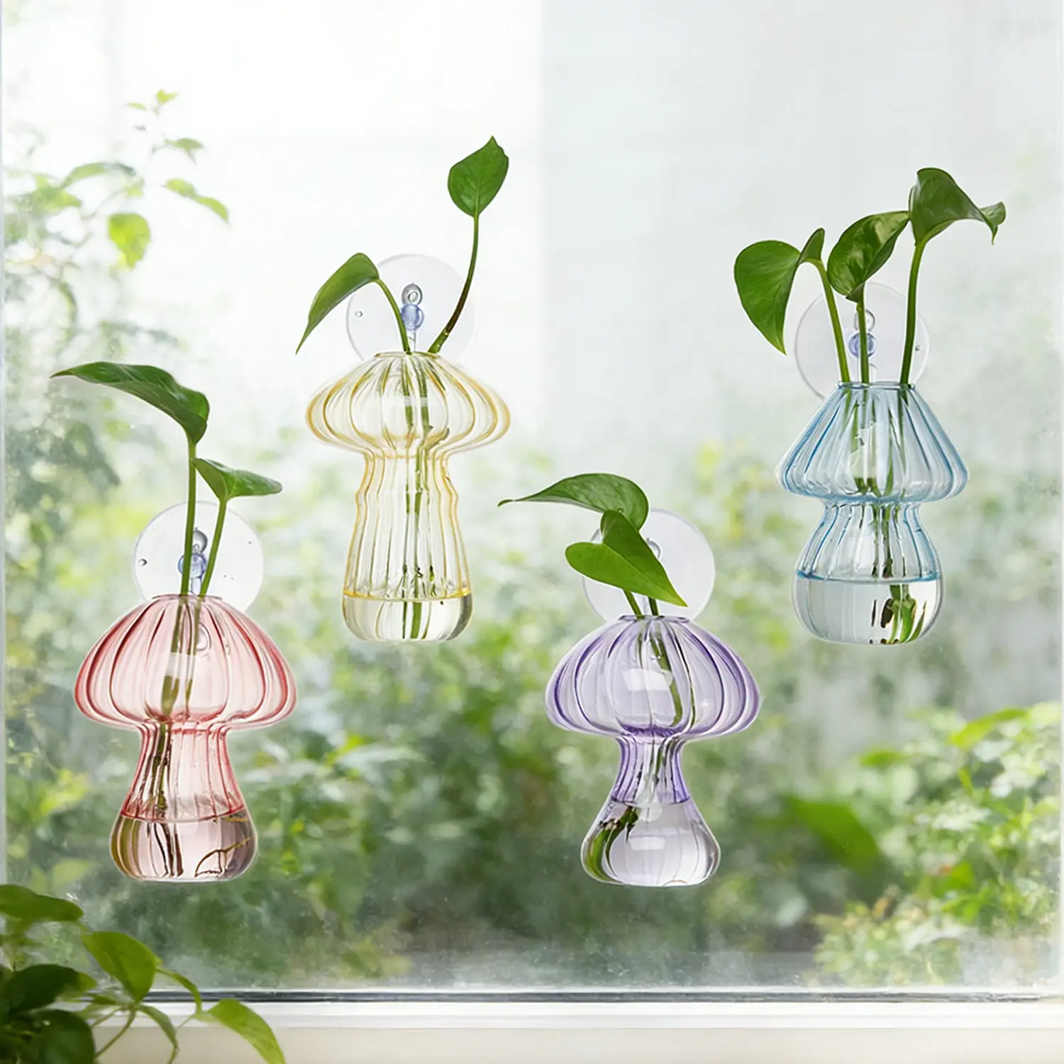4-Piece Decor Colored Mushroom Plant Propagation Station - Hanging Pot, Indoor Planters, Plant Pot Set with Suction Cups, No-Nail Window-Mounted Glass Vase Terrarium for Flowers (Easy Installation)
