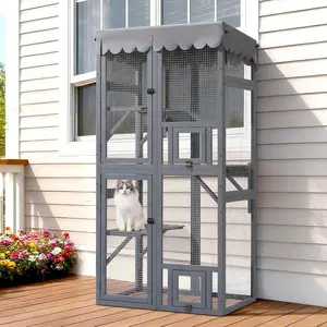 Outdoor Cat Cage, 63inch Cat Outdoor Cage with Window Access, Large Wooden Indoor Cat Terrace Cage with Waterproof Tarpaulin Roof