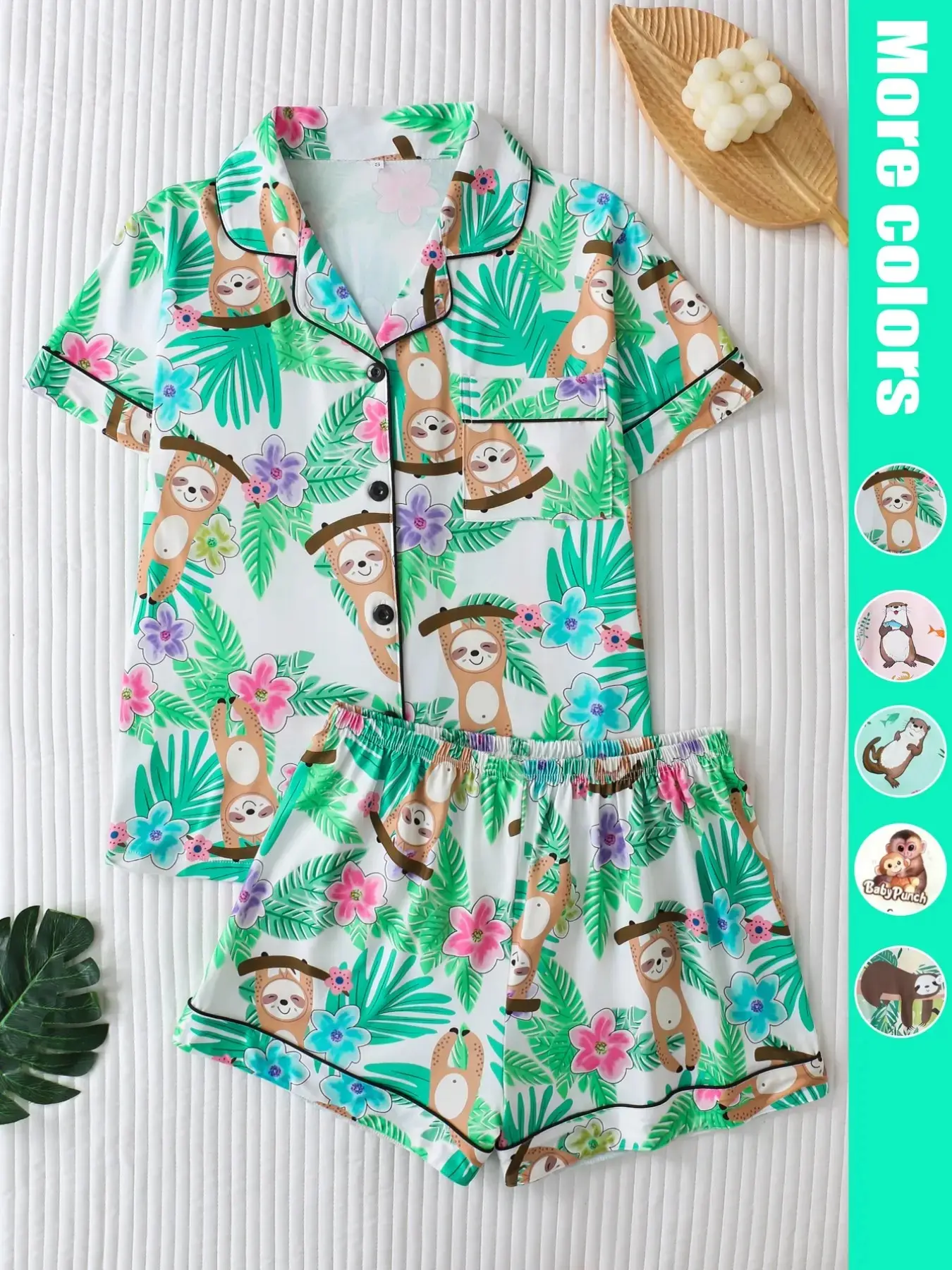 Two-Piece Sloth Tropical Plant Cartoon Print Sleepwear Loungewear Set, Button-Down Short Sleeve Top and Loose Comfortable Shorts, Cute Fun Women's Pajama Pjs Set, All Seasons Pajamas