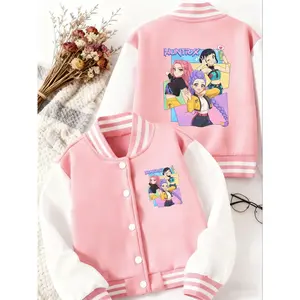 Girls Kpop-Hunter Girl Group Pattern Design Short Baseball Jacket Coat, Casual Comfy Jacket, Casual Sport School Uniform, Elastic Fabric, Fall & Winter