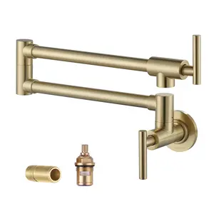 WOWOW Pot Filler Faucet Brushed Gold Commercial Wall Mount Stove Faucet, Brass Pot Filler Folding Faucet Over Stove with Double Joint Swing Arms