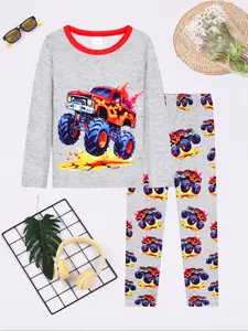 Boys Round Neck Long Sleeve Set, Digital Print Car Theme Sleepwear, Casual Comfortable Homeewear, Fits 2-12 Years, All Seasons