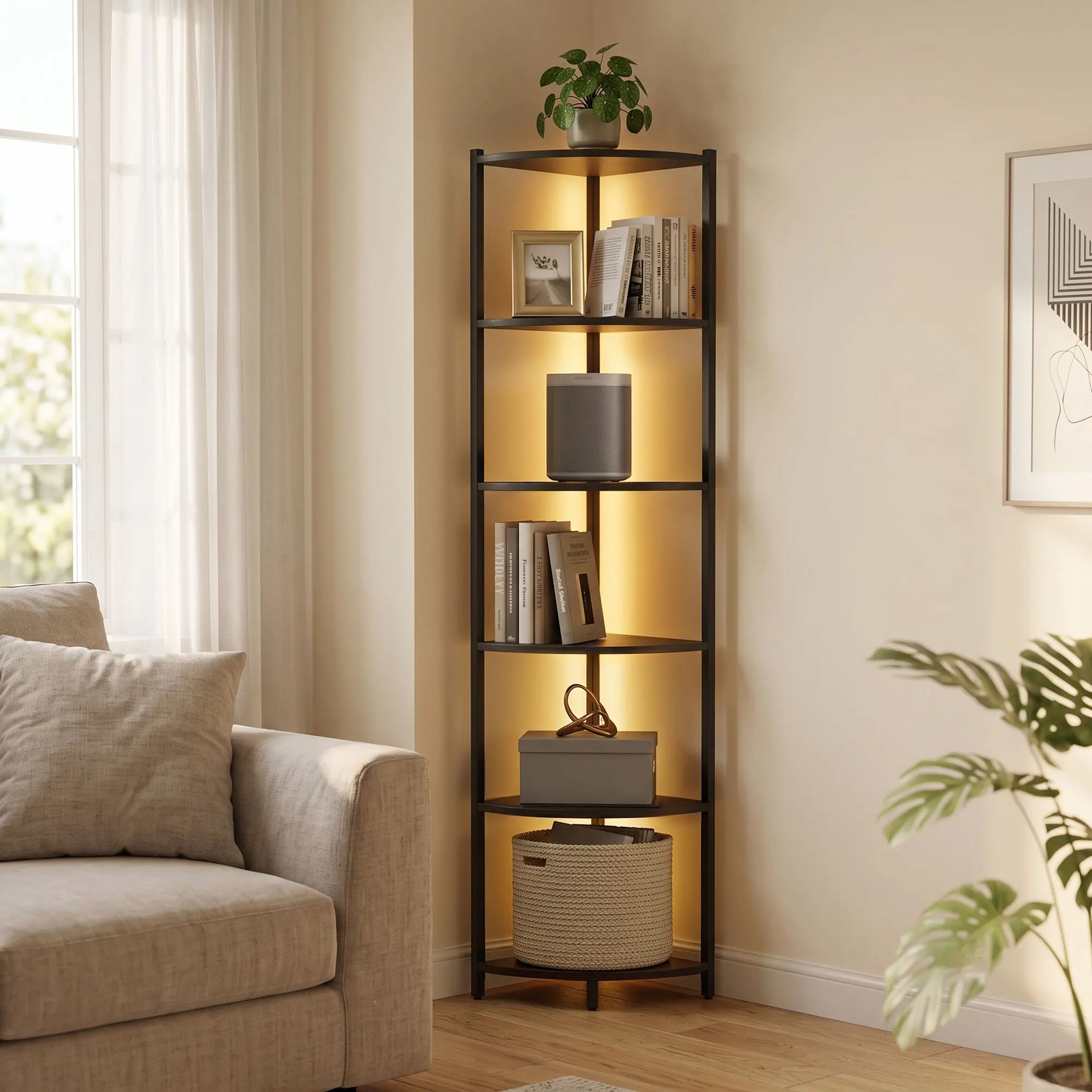 Corner Shelf with LED Lights, 6-Tier Corner Bookshelf, 66'' Organizer Book Shelf Shelves Steel Frame Display Stand with Living Room, Bedroom, Study, Black