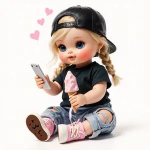 Cute Blonde Doll Vinyl Sticker, with Braids, Baseball Cap, T-Shirt, Ripped Jeans, Self-Adhesive Car Decal, for Cars, Trucks, Bumpers