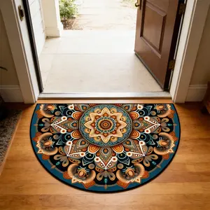Vibrant Half-Circle Bohemian Mandala Door Mat, Easy Care Durable Fabric, Perfect for Living Room Bedroom Entrance and Lounge Areas