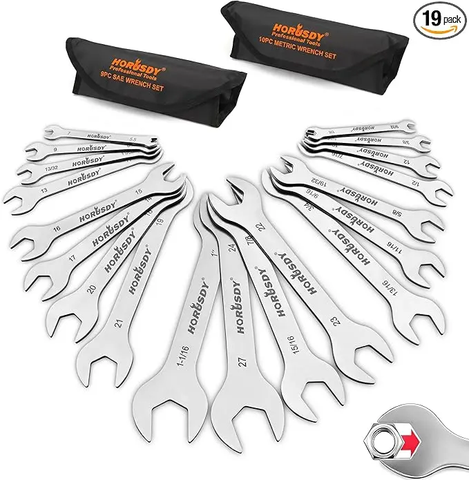 19pc Super-Thin Open End Wrench Set, Bike Wrench Set with Rolling Pouch,  SAE & Metric  Stainless Steel, 1/4" to 1-1/16" & 5.5mm to 27mm for Mechanics, Gift, Spring Glow Up Tool Set Hand Tool Set,father'sdaygifts