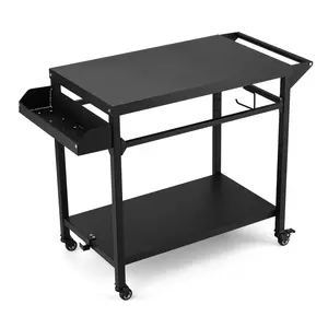 Outdoor Grill Cart, Pizza Oven Stand Table with Lockable Wheels for Outside Patio, Heavy Duty Movable Outdoor Cooking Prep Table BBQ Smoker Cart for Backyard, Camping and Parties, Black