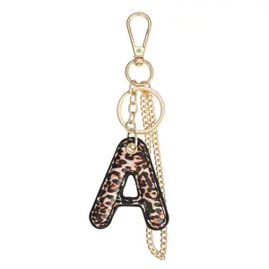 Leopard Letter Keychain For Women Pu Leather Initial Keyring Accessories Purse Handbags Charm