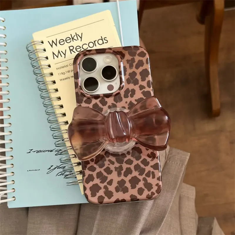 Crystal Transparent White IND | Leopard print | Autumn/Winter personality | Bowknot phone holder | Best friend gift | for iPhone 11 12 13 14 15 16 17 Pro Max | protective Cover | Casing