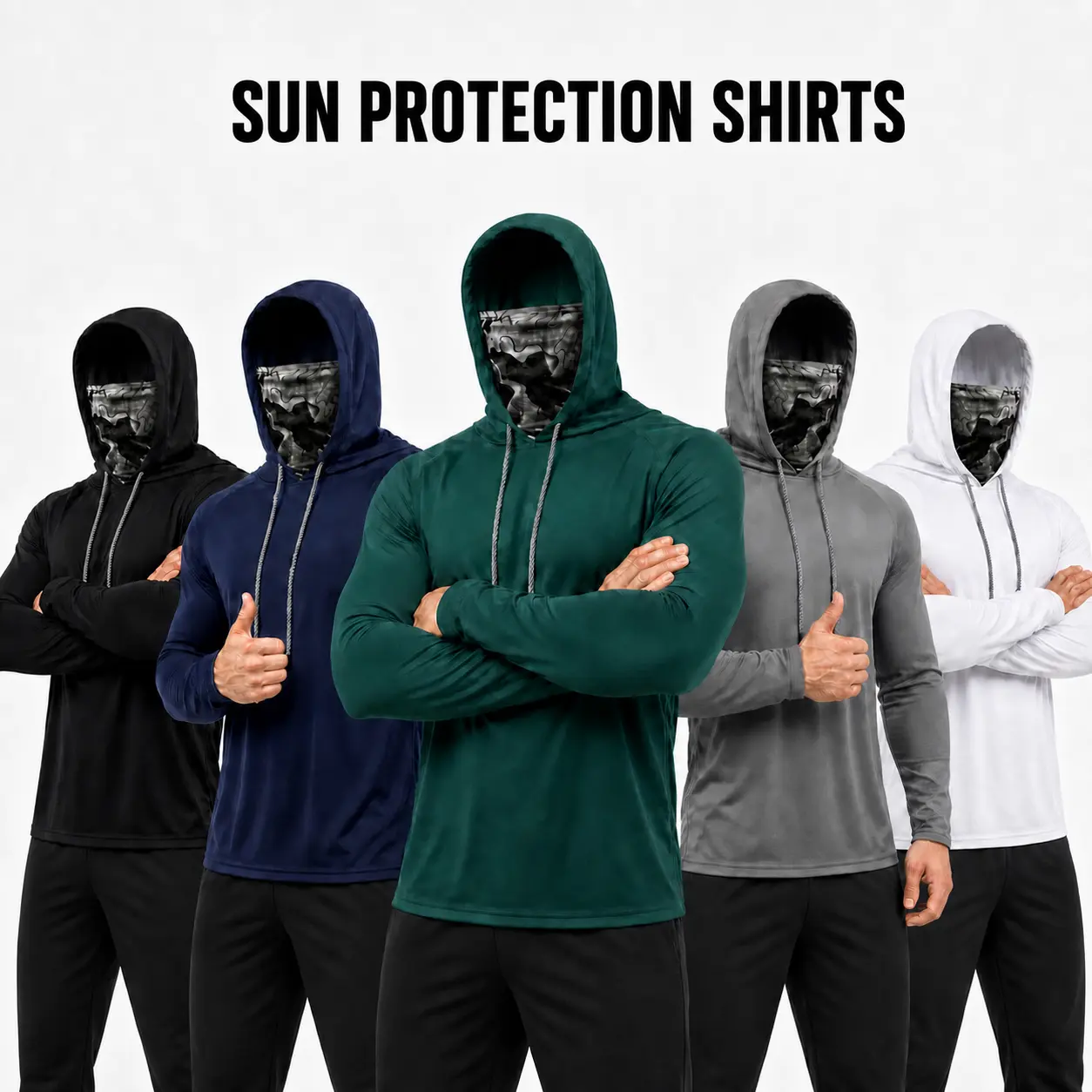Mens Work Hoodie 3/5/6-Pack Quick-Dry Long Sleeve Sun Protection Shirts with Built-In Camouflage Face Cover for Construction Fishing and Outdoor Work, Polyester Clothes, Sun Shirt Breathable Hoodies