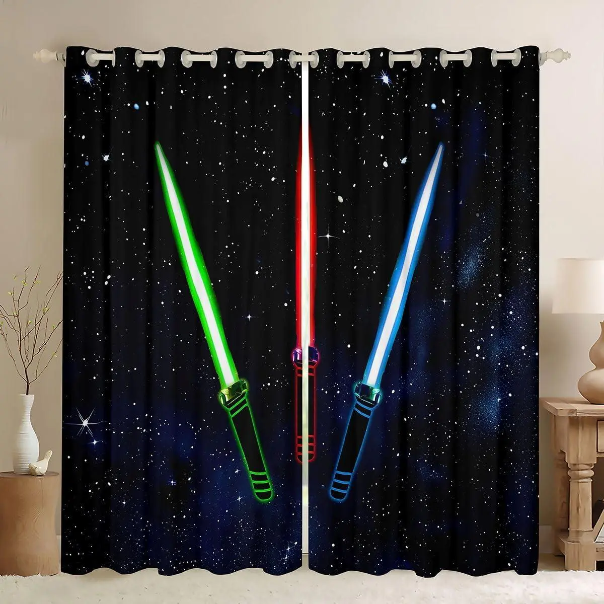 Light Up Sword Curtains,Green Red Blue Window Curtains,Starry Sky Blackout Window Treatment Home Decor,Cool Light Up Sword Window Drapes Living Room Bedroom