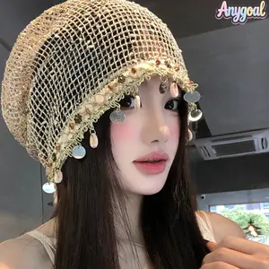 Anygoal Women's Boho Crochet Mesh Beanie Hat, Hollow Out Knit Slouchy Cap with Shell and Coin Tassels, Breathable Lightweight Bohemian Style Headwear for Music Festivals, Beach Vacations, Daily Casual Wear and Photoshoots summervibes beach outfits