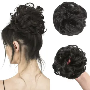Large Messy Bun Hair Piece Wavy Curly Scrunchies Synthetic Chignon Ponytail Hair Extensions Thick Updo Hairpieces for Women Brown Black