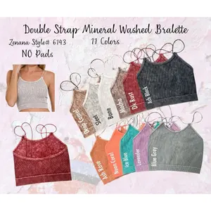 Ribbed Double Strap Mineral Washed Bralette Crop Top by Zenana 6143 Soft Comfy Stretchy Womenswear Cropped Brami