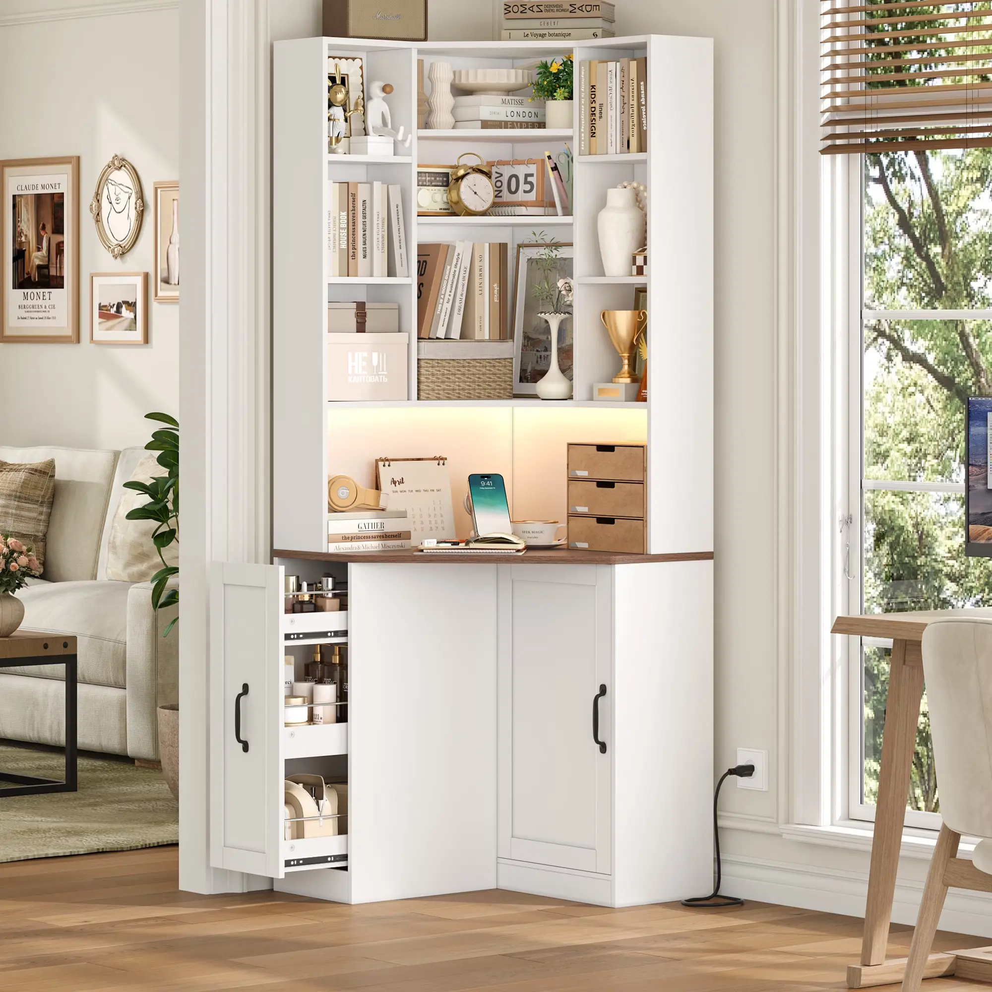FOTOSOK 71" Tall Corner Bookcase with Pull-out Storage Rack, LED Corner Bookshelf Featuring Door & Desktop, Multi-use Corner Vanity Cabinet for Home Office, Living Room