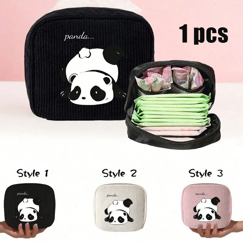 Panda Print Sanitary Pad Storage Bag, Multi-Functional Hygiene Organizer, Cute Plaid Square Makeup Wash Kit, Cosmetic Organizer Pouch, Portable Large Capacity, Makeup Travel Organizer