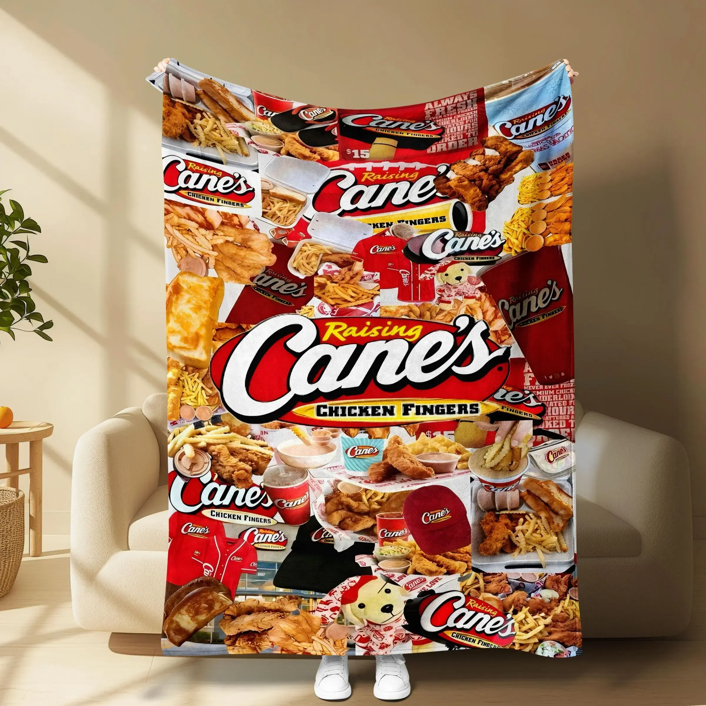 Raising Cane’s Collage Flannel Throw Blanket, Comfortable Lightweight Nap Cover for Sofa Bed Travel Flight, Multipurpose Essential Home Textile, Vibrant Figure Print Decorative Blanket, Perfect Holiday Birthday Gift for Fast Food Lovers