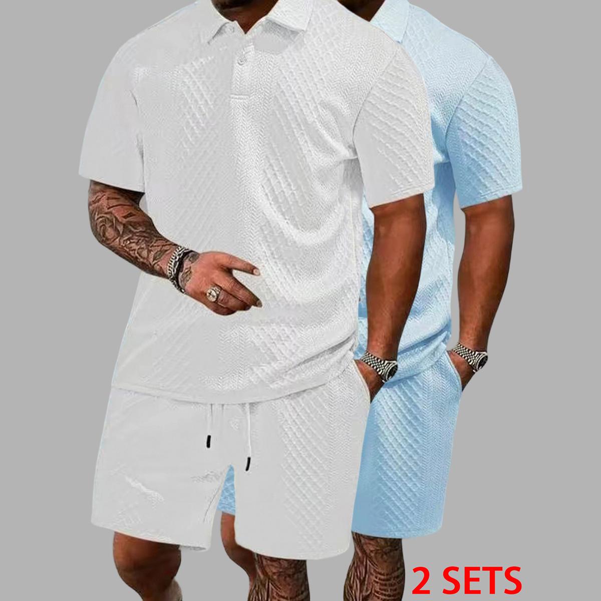 Men's summer casual texture fabric solid color polo shirt T-shirt shorts 2-piece set, loose fit suitable for casual sports, breathable and cool, essential summer outfit, comfortable and versatile  Menswear Plain, Shortsleeve, 1 Set (Dark Blue)