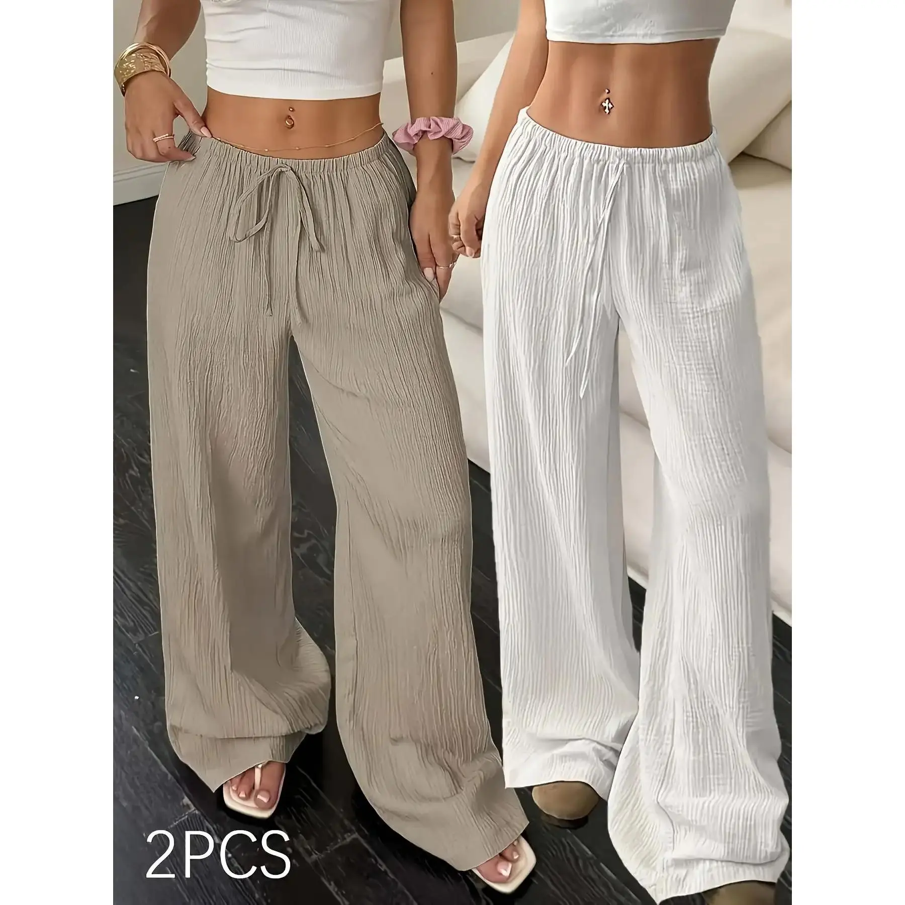 Women's Minimalist 2-Piece Athleisure Wear Set - Spring/Summer Female Sporty Chic Loose-Fitting Solid Wide-Leg Joggers with Belt, Activewear with Pockets for Sports, Outdoor Activities, Hiking, Adjustable String Women's Sports Joggers, Baggy Fit Women's S