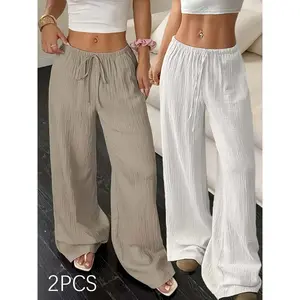 Women's 2-Piece Basic Clothes Set - Spring/Summer Casual Solid Wide-Leg Pants with Belt, Pockets for Sports & Outdoor Activities