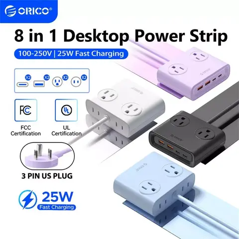 ORICO 8-in-1 GaN Multifunctional Power Strip Surge Protector, 25W Power Fast Charging, 4 AC Outlets, 2 USB-A & 2 USB-C Ports, FCC Certified, 1.6M Extension Cord, Compact Portable for Home Office Travel-PDC