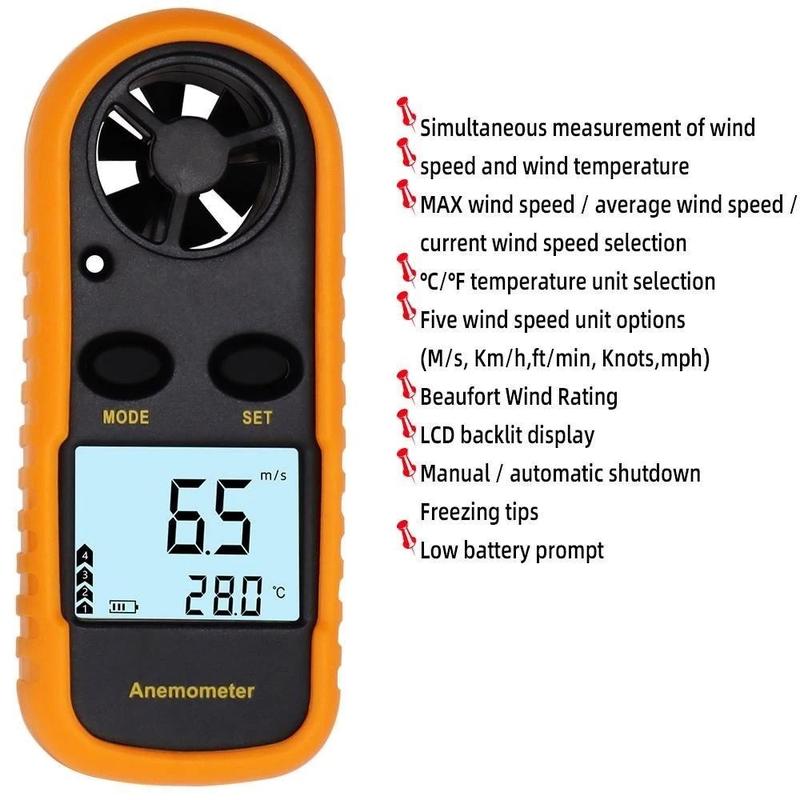High Precision Portable Waterproof Anemometer Thermometer with LCD Backlight - Measures 0-30m/s Wind Speed & -10~45℃ Temperature, 2-in-1 Tool for Indoor/Outdoor Use