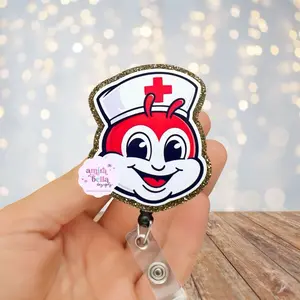 JolliNurse Badge Reel Jollibee Inspired Design with Glitter Trim and Clear Plastic Clip for Easy Attachment