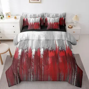 White Red 7 Piece Bedding Set,Greyish Gradient Comforter Set with Sheets Contemporary Patchwork Printed Vintage Bed in a Bag Ombre Graffiti Abstract Art for Teens Men Women