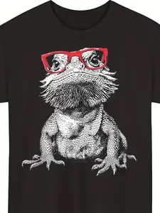 Bearded Dragon Illustration Graphic Men's T Shirt Whimsical Red Glasses Print Perfect for Daily Wear Reptile Lover Fashion, PLUS SIZE