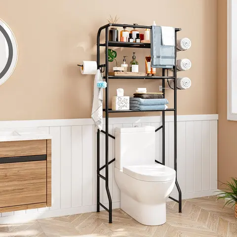 SUOERNUO 3-Layer Metal Over-The-Toilet Storage Shelf - Organizers with Hooks, Paper Holder, Waterproof Antitip X-Support, 63x33x157cm Frame, Vertical Storage Frees Floor, Works as Kitchen Rack or Plant Stand, Easy-To-Assemble Bathroom Holder for Shampoo