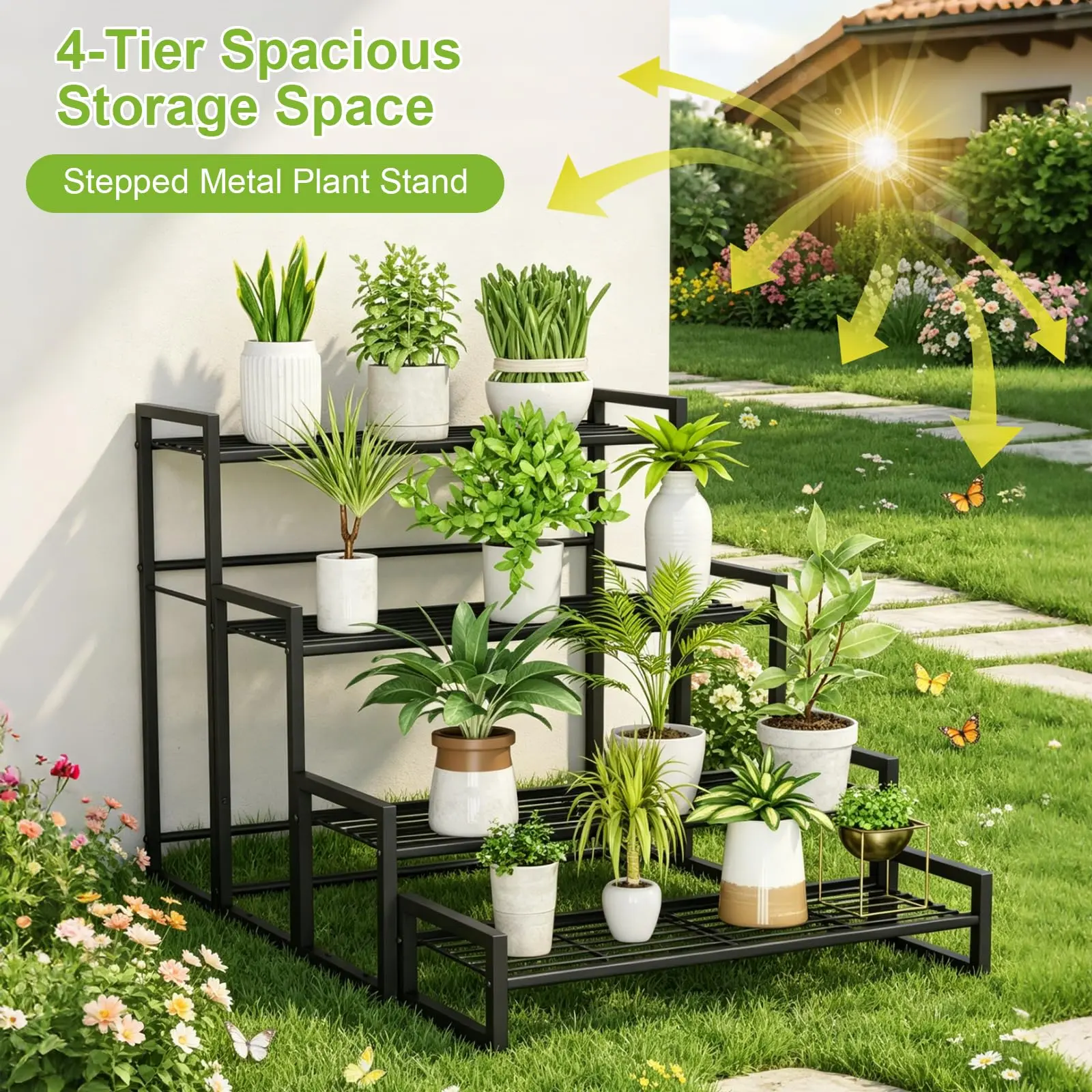 4 Tier Tall Plant Stand for Indoor Outdoor, Heavy Duty Scalable Metal Flower Pot Holder, Widened Stackable Garden Shelf for Corner & Living Room, Black