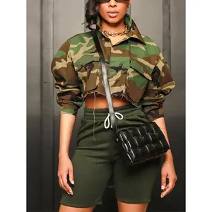 Autumn Camouflage Printed Denim Long Sleeve Crop Jackets  Fashion Casual Workwear Tops