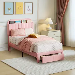 Beige/Pink Velvet Upholstered Twin Platform Bed Frame, Modern Bedroom Bed with Practical Storage Headboard and Convenient Underbed Drawer, Stable Noise-Free Structure, Quick Easy Assembly No Box Spring Needed